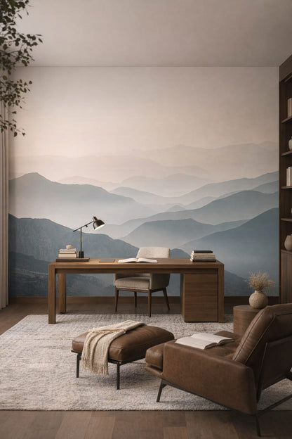 Quiet-luxury greige misty mountains - Wall Mural Peel and Stick Wallpaper for Quiet Luxury Executive Home Office.