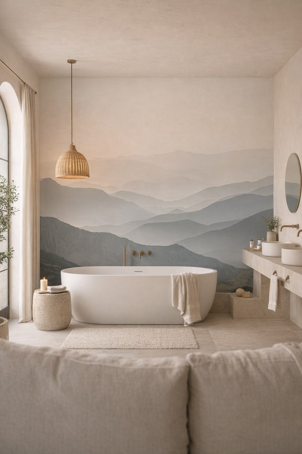 Mediterranean-modern blue-gray misty mountains - Wall Mural Peel and Stick Wallpaper for Mediterranean Modern Luxury Bathroom.