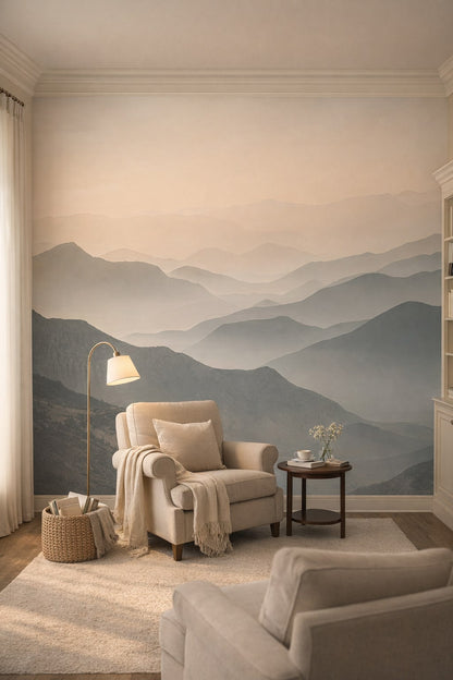 Light Academia cream misty mountains - Wall Mural Peel and Stick Wallpaper for Light Academia Reading Corner.