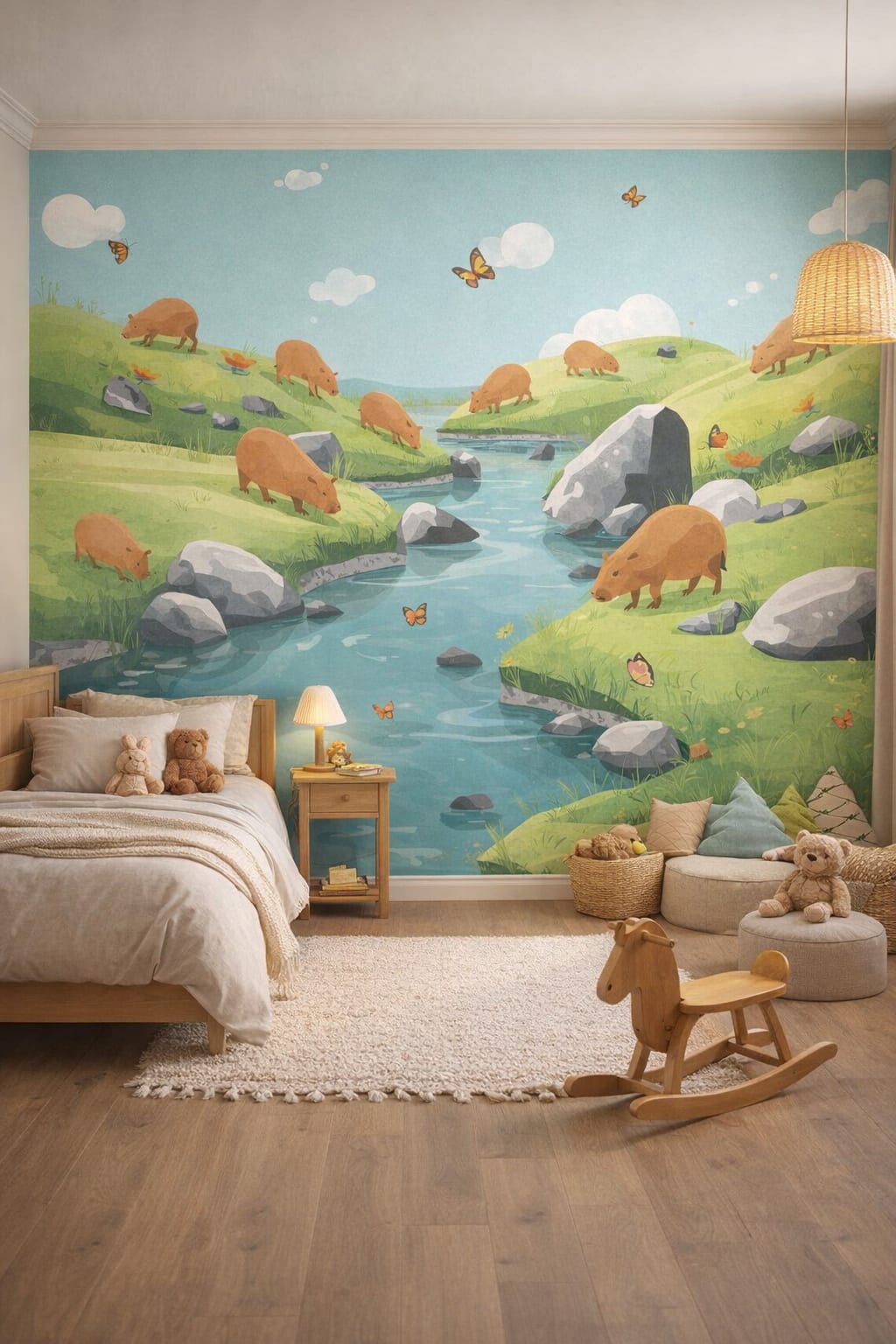 Moss green woodland capybara featuring river landscape - Wall Mural Peel and Stick Wallpaper for Woodland / Forest Kids Bedroom.