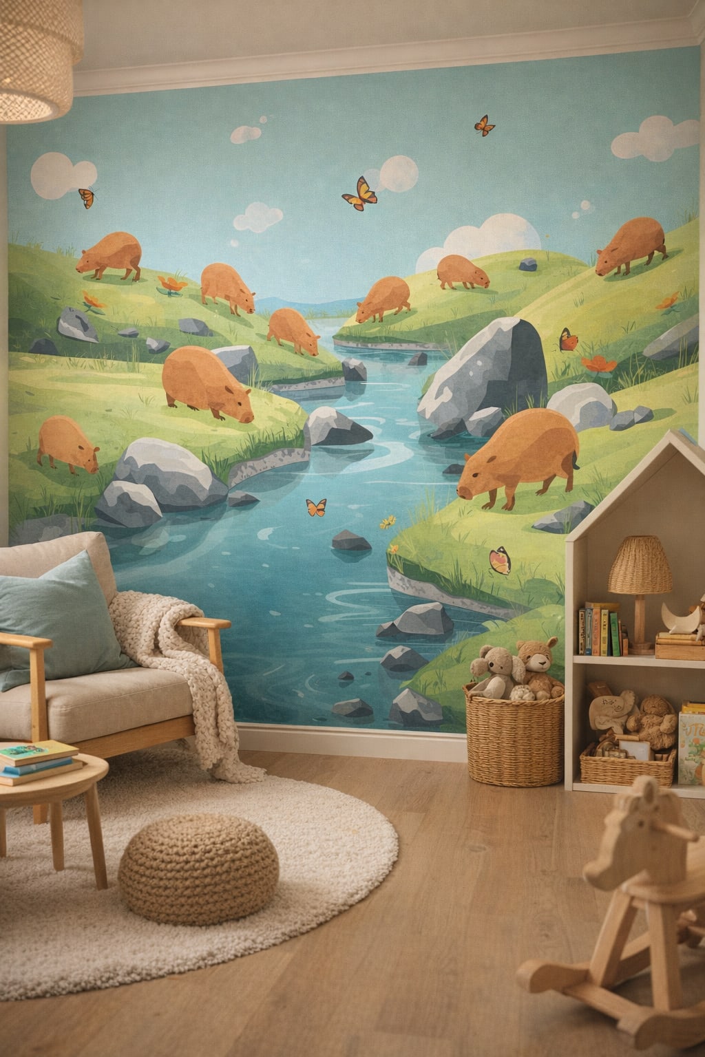Scandi Kids birch-toned capybara featuring river landscape - Wall Mural Peel and Stick Wallpaper for Scandi Kids Reading Corner.