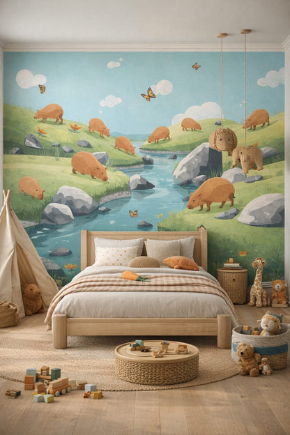 Modern Safari sand-toned capybara featuring river landscape - Wall Mural Peel and Stick Wallpaper for Modern Safari Playroom.