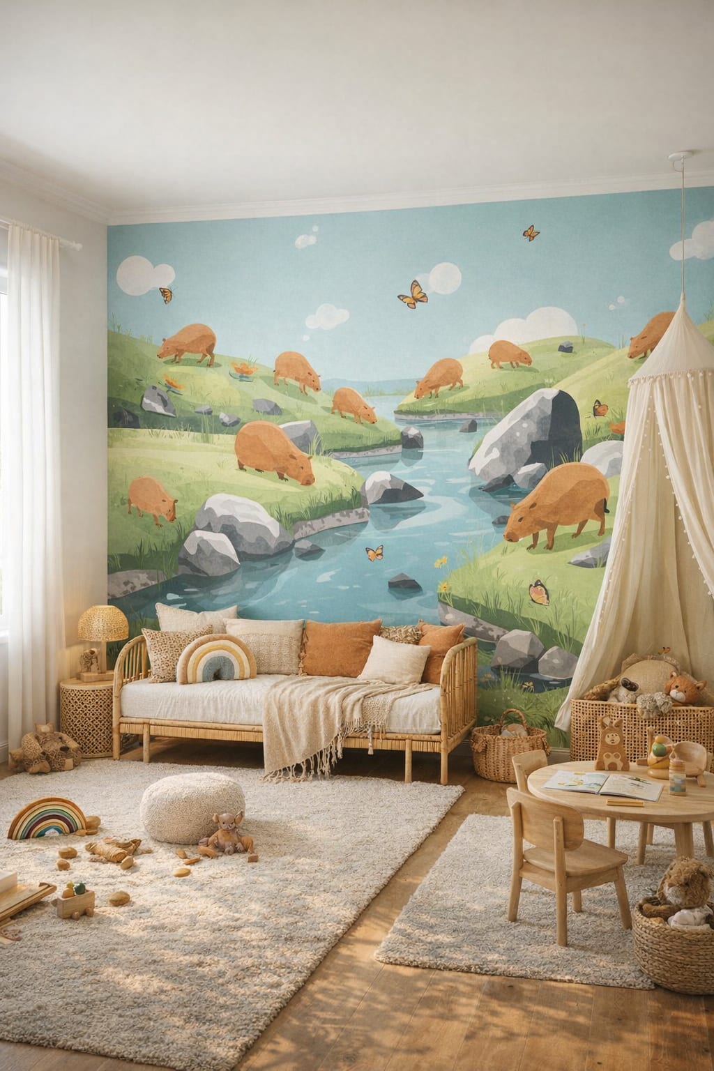 Whimsical Boho terracotta capybara featuring butterflies - Wall Mural Peel and Stick Wallpaper for Whimsical Boho Kids Bedroom.