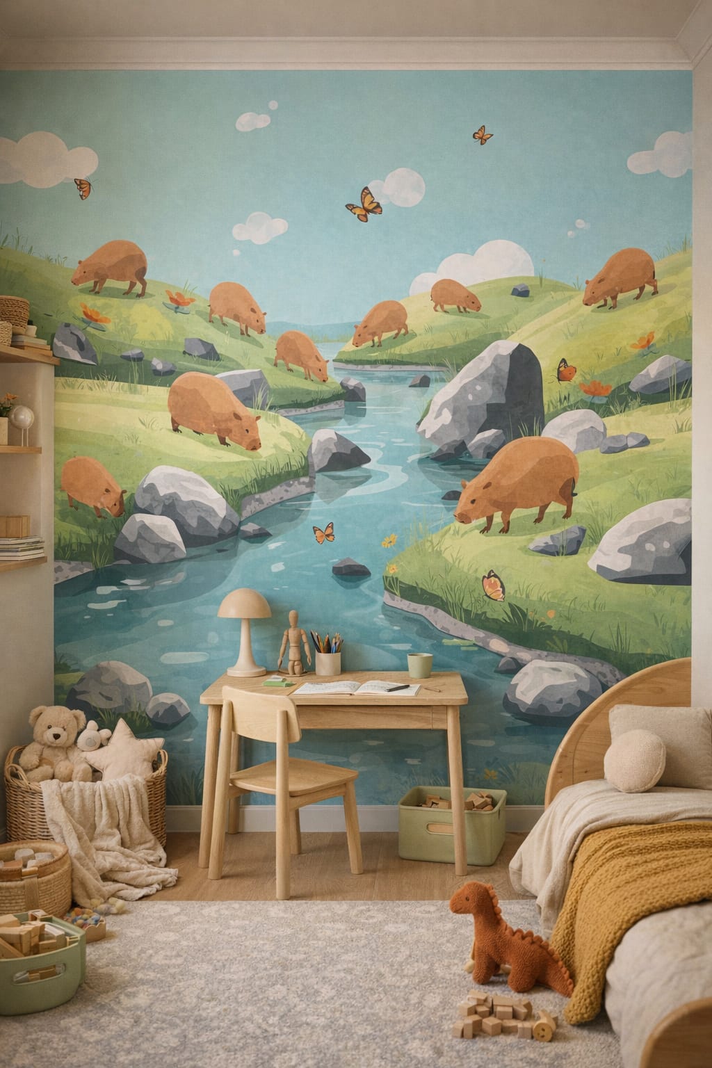 Modern Montessori, neutral-primary capybara featuring river landscape - Wall Mural Peel and Stick Wallpaper for Modern Montessori Homework / Study Corner.
