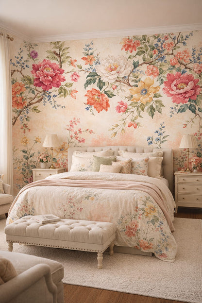 Garden green, rose-white floral blossoms featuring flowering branches - Wall Mural Peel and Stick Wallpaper for English Garden Nursery Master Bedroom.