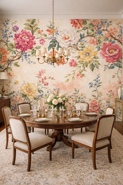 Floral neutral floral blossoms featuring flowering branches - Wall Mural Peel and Stick Wallpaper for Grandmillennial Formal Dining Room.