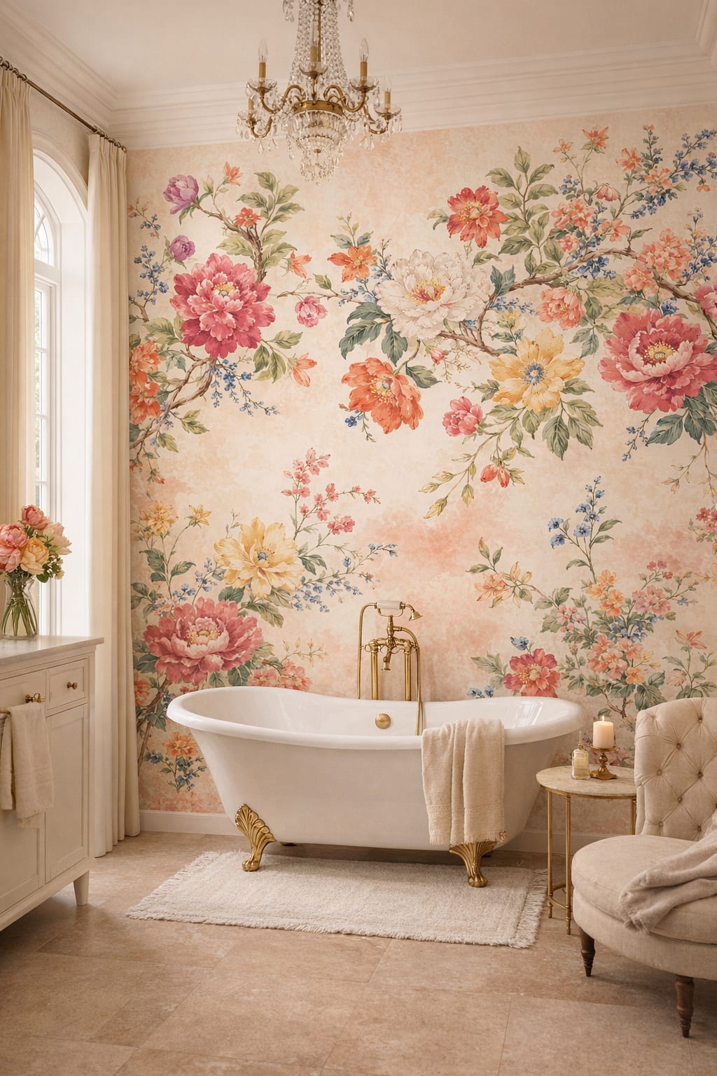 Art Nouveau cream-green floral blossoms featuring flowering branches - Wall Mural Peel and Stick Wallpaper for Art Nouveau Luxury Bathroom.
