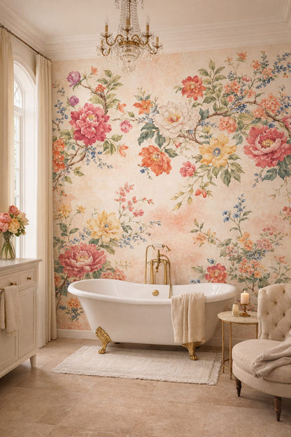 Art Nouveau cream-green floral blossoms featuring flowering branches - Wall Mural Peel and Stick Wallpaper for Art Nouveau Luxury Bathroom.