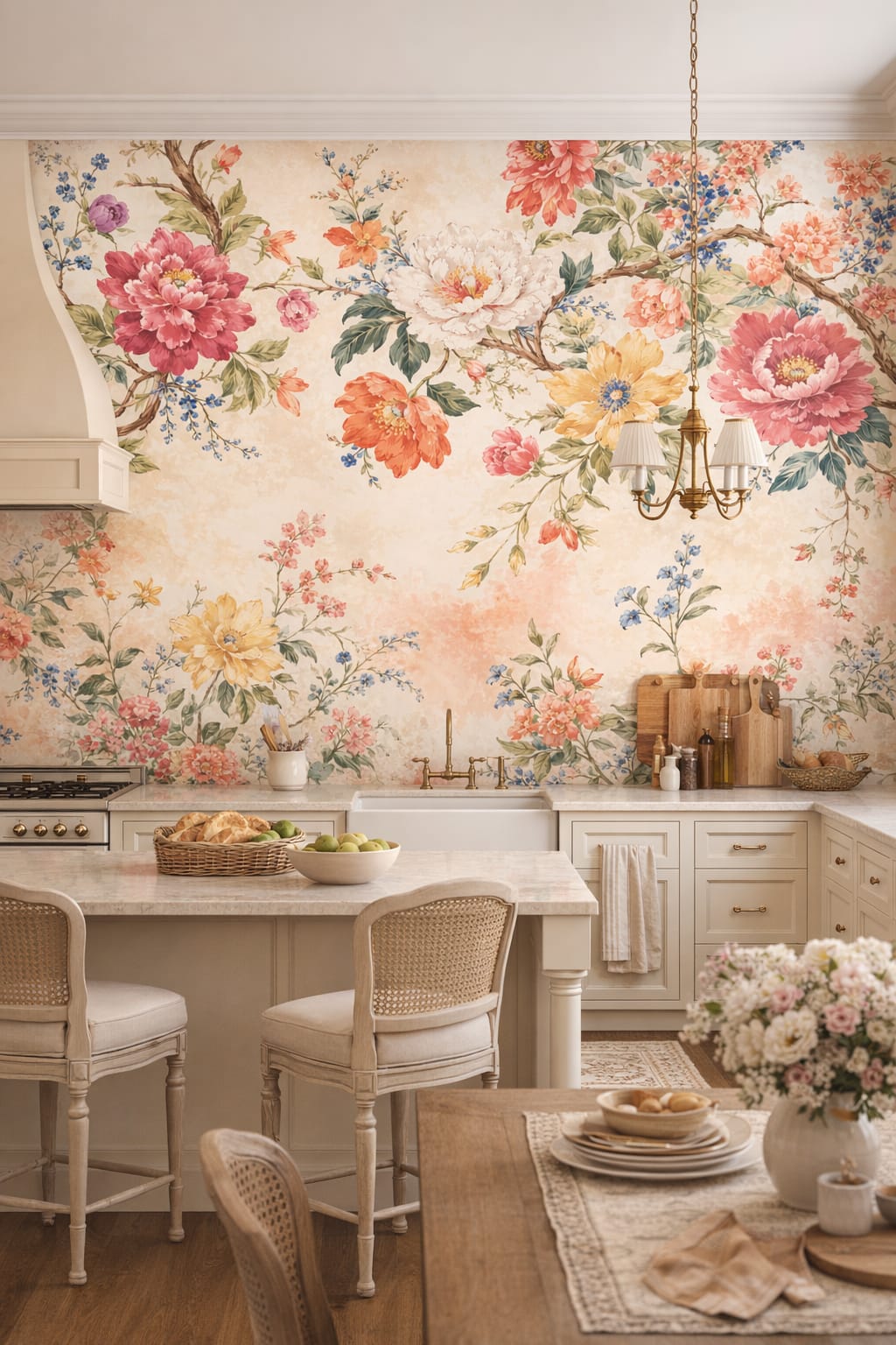 French Country beige floral blossoms featuring flowering branches - Wall Mural Peel and Stick Wallpaper for French Country High-end Kitchen.