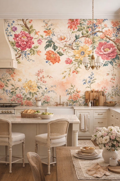 French Country beige floral blossoms featuring flowering branches - Wall Mural Peel and Stick Wallpaper for French Country High-end Kitchen.