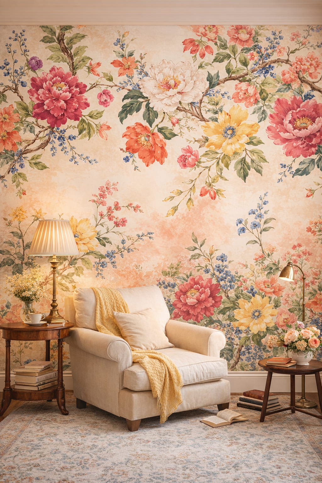 Romantic blush floral blossoms featuring flowering branches - Wall Mural Peel and Stick Wallpaper for Romantic Reading Corner.