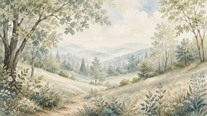 Airy watercolor Sage Green meadow landscape featuring wildflowers and misty mountains - Wall Mural & Peel and Stick Wallpaper for Watercolor Interiors and Premium Home Styling