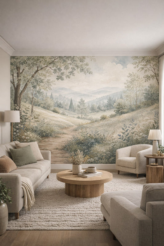 Organic cream meadow landscape featuring rolling hills - Wall Mural Peel and Stick Wallpaper for Organic Modern Living Room.