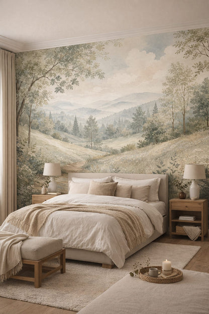 Zen neutral meadow landscape featuring misty mountains - Wall Mural Peel and Stick Wallpaper for Zen Master Bedroom.