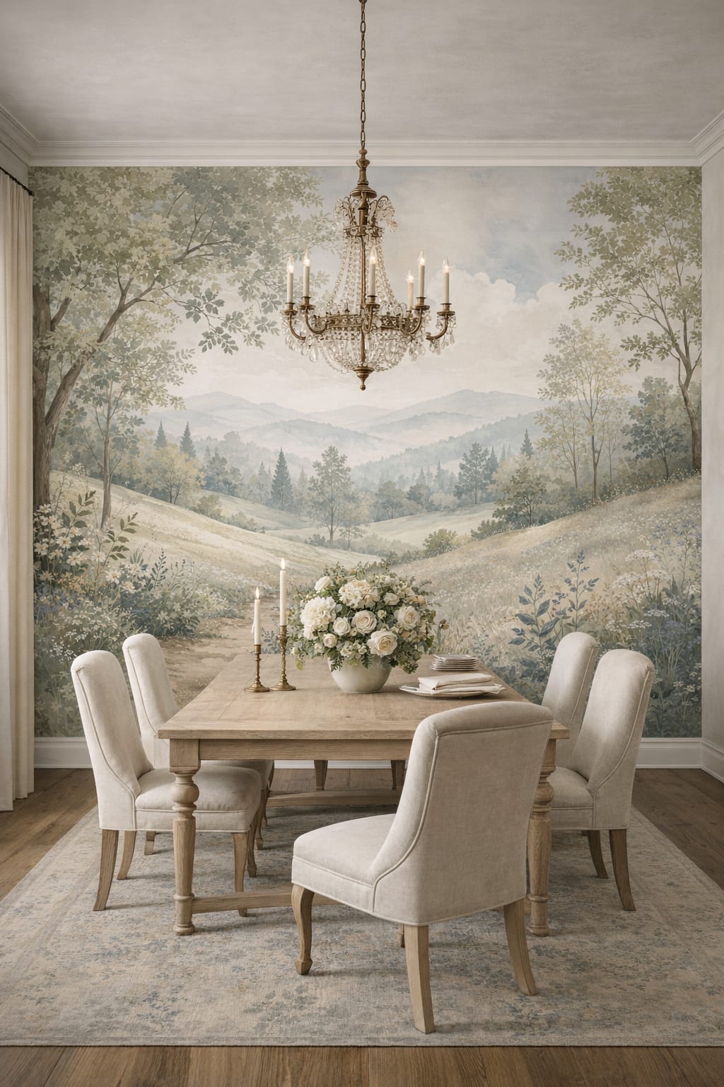 Sage French Country meadow landscape featuring rolling hills - Wall Mural Peel and Stick Wallpaper for French Country Formal Dining Room.