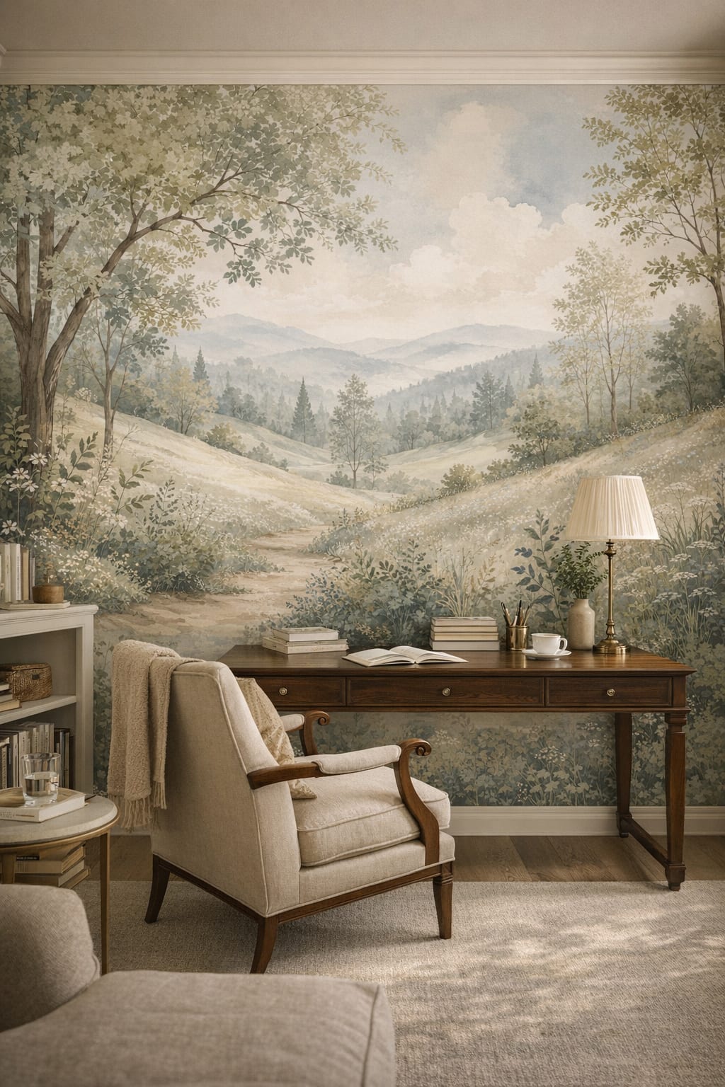 Light Academia cream meadow landscape featuring wildflowers - Wall Mural Peel and Stick Wallpaper for Light Academia Executive Home Office.
