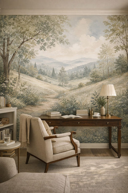 Light Academia cream meadow landscape featuring wildflowers - Wall Mural Peel and Stick Wallpaper for Light Academia Executive Home Office.