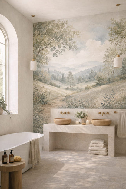 Mediterranean sand meadow landscape featuring rolling hills - Wall Mural Peel and Stick Wallpaper for Mediterranean Modern Luxury Bathroom.