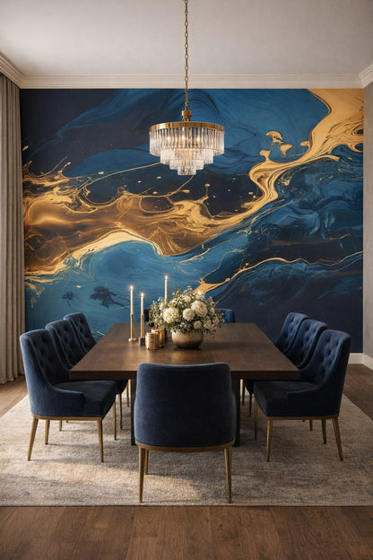 Luxury Contemporary neutral-toned - Abstract navy and gold marble swirl - Wall Mural Peel and Stick Wallpaper for Luxury Contemporary Formal Dining Room.