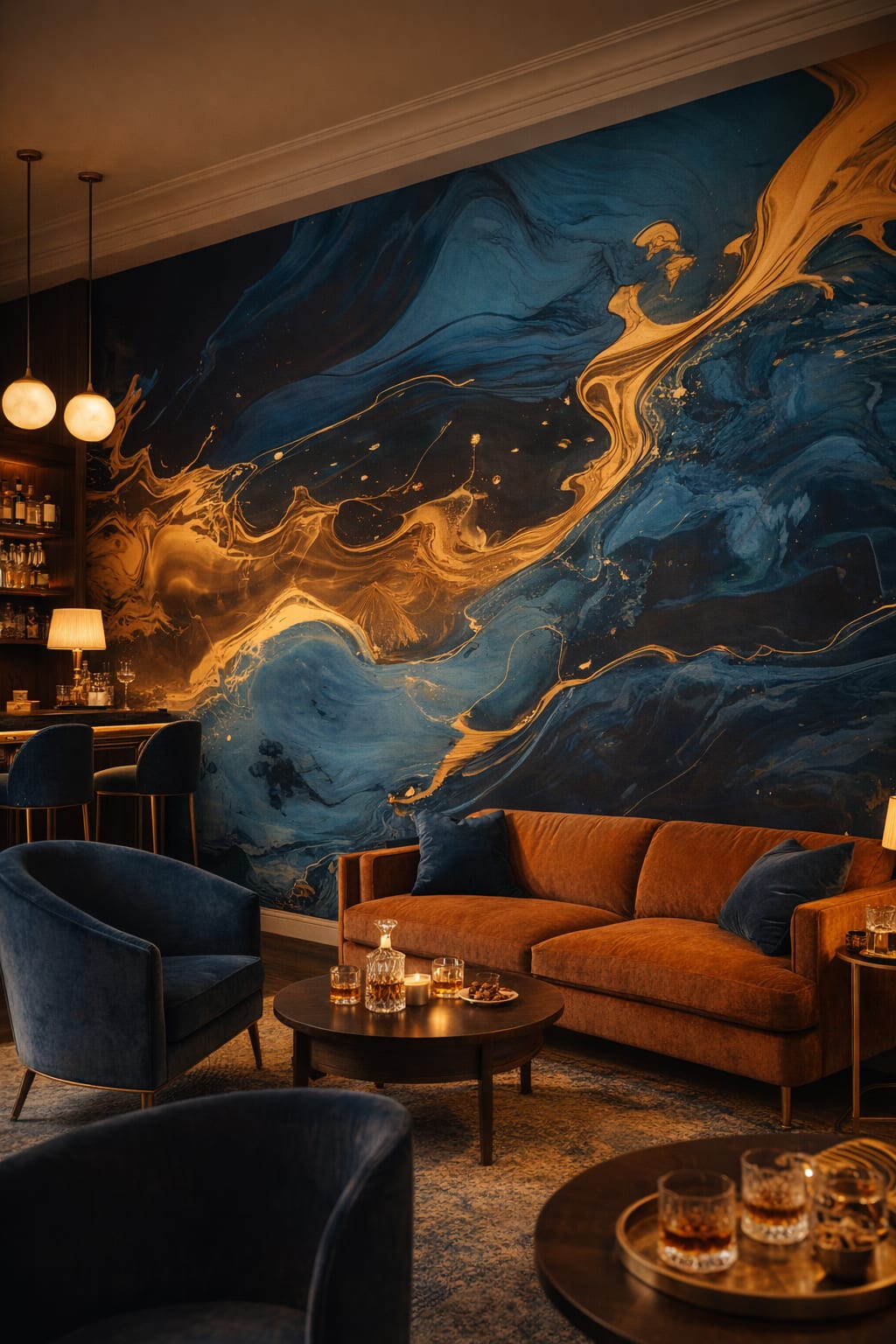 Art Deco black-and-gold abstract blue marbled swirl - Wall Mural Peel and Stick Wallpaper for Art Deco Bar/Lounge.