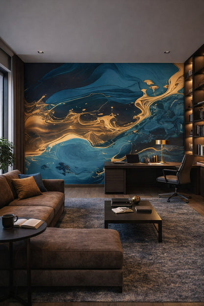 High-tech black-gray - Abstract blue and gold marble swirl - Wall Mural Peel and Stick Wallpaper for High-tech Executive Home Office.