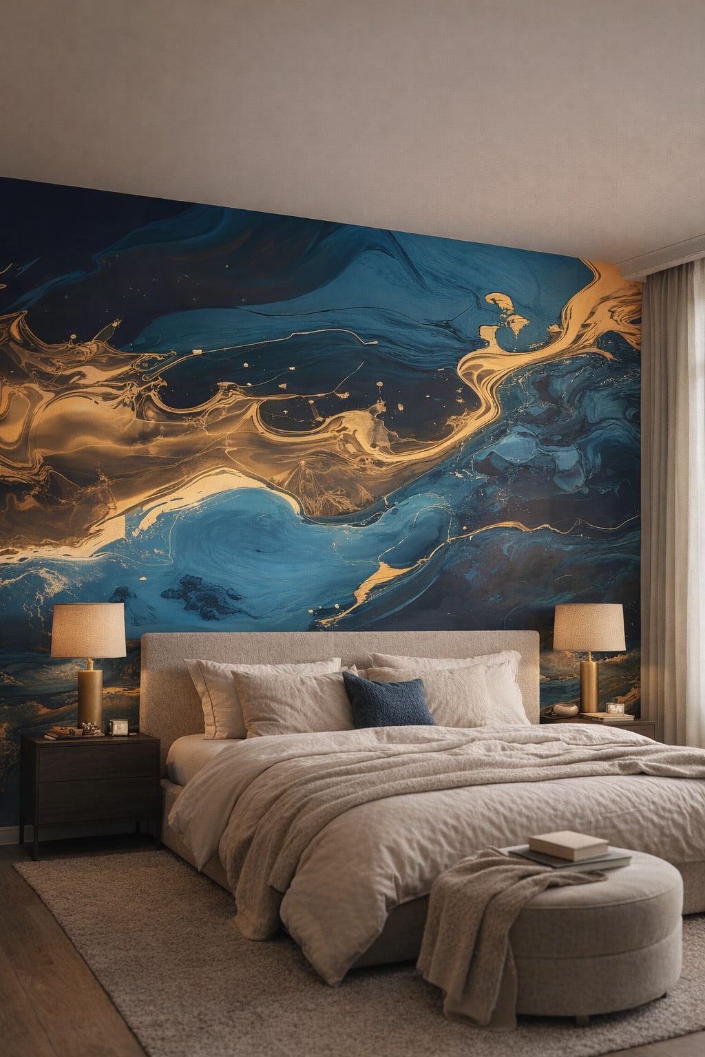 Quiet Luxury greige - abstract blue and gold marble swirl - Wall Mural Peel and Stick Wallpaper for Quiet Luxury Master Bedroom.