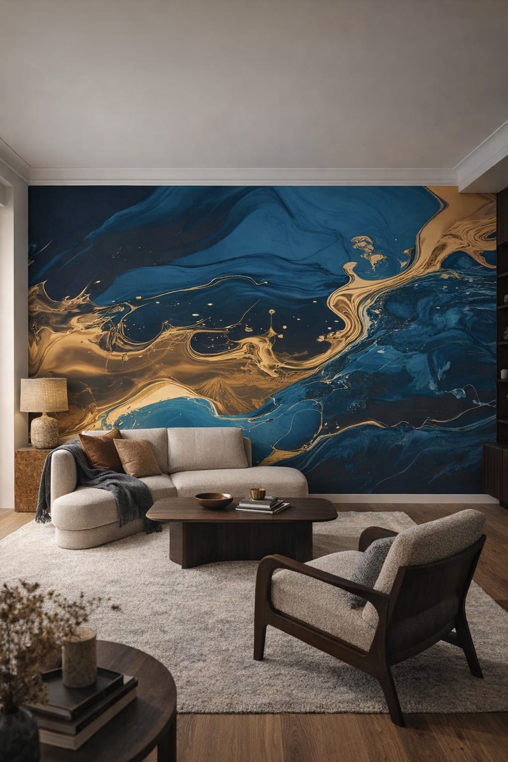 Modern (Modernist) gray-toned - Abstract blue and gold marbled swirl art - Wall Mural Peel and Stick Wallpaper for Modern (Modernist) Living Room.
