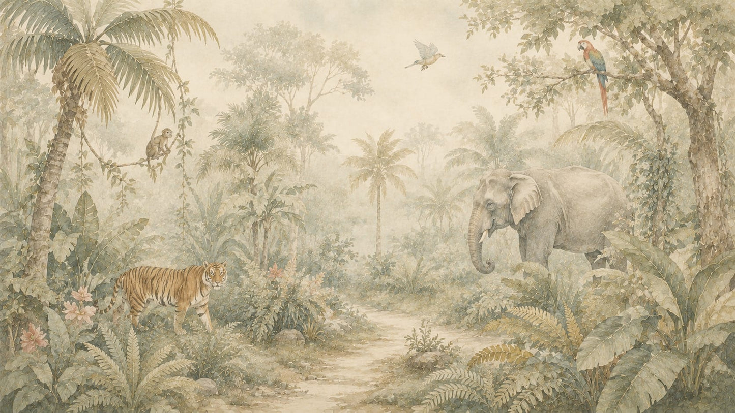 Refined Watercolor Sage Green Jungle Animals featuring tropical birds and tropical foliage - Wall Mural & Peel and Stick Wallpaper for Watercolor Interiors and Premium Home Styling