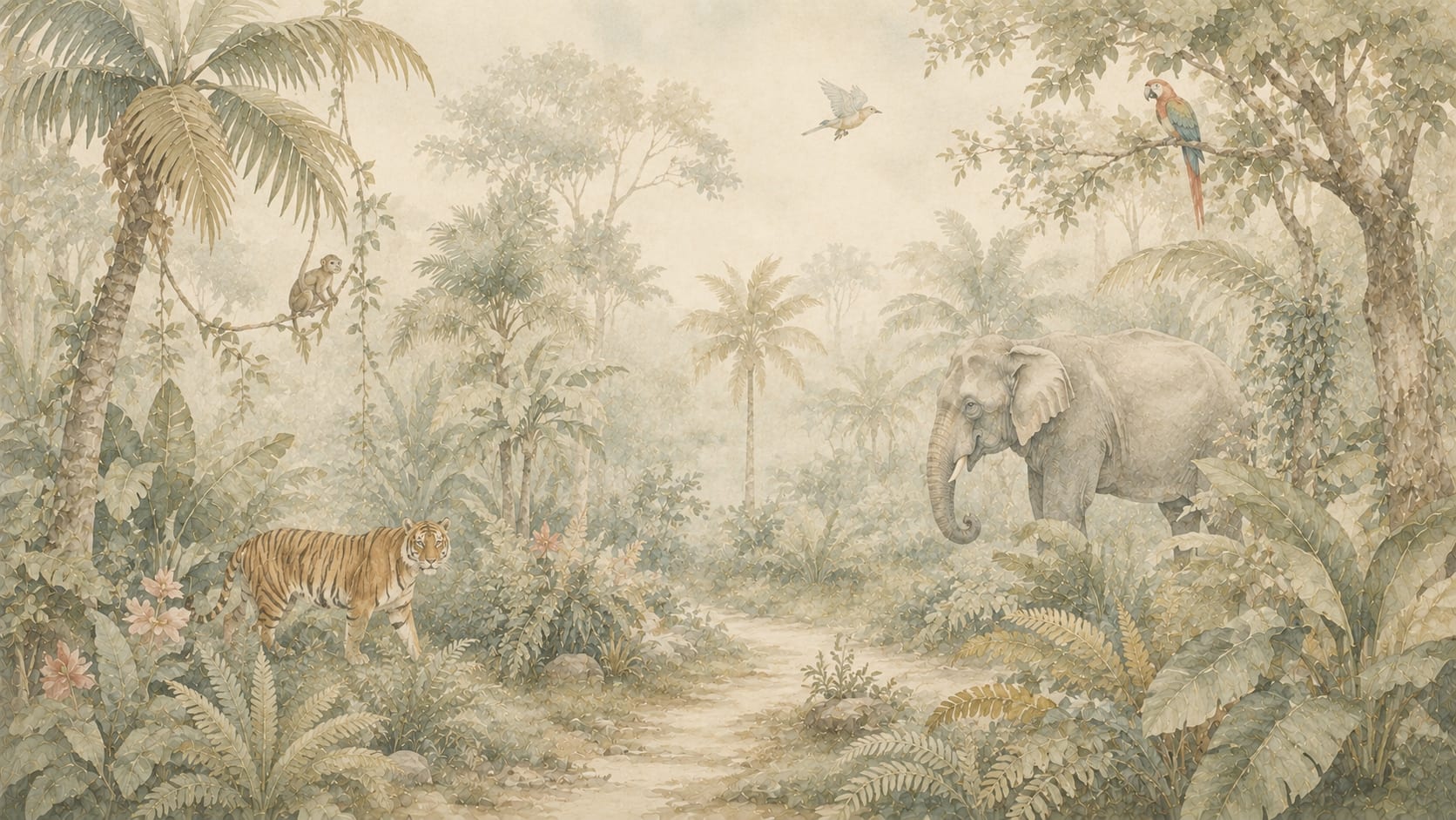 Refined Watercolor Sage Green Jungle Animals featuring tropical birds and tropical foliage - Wall Mural & Peel and Stick Wallpaper for Watercolor Interiors and Premium Home Styling
