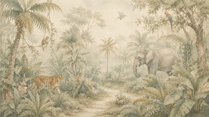 Refined Watercolor Sage Green Jungle Animals featuring tropical birds and tropical foliage - Wall Mural & Peel and Stick Wallpaper for Watercolor Interiors and Premium Home Styling