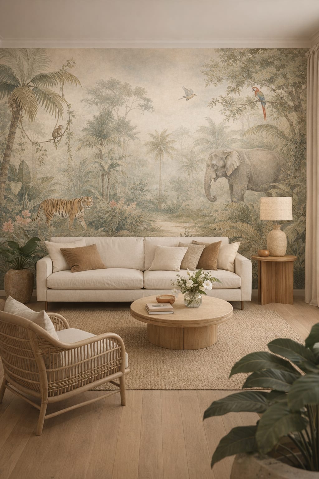 Tropical Modern white-and-green jungle animals featuring tropical birds - Wall Mural Peel and Stick Wallpaper for Tropical Modern Living Room.