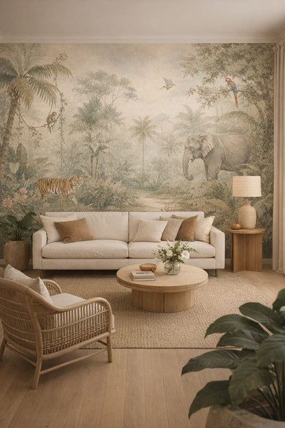 Tropical Modern white-and-green jungle animals featuring tropical birds - Wall Mural Peel and Stick Wallpaper for Tropical Modern Living Room.
