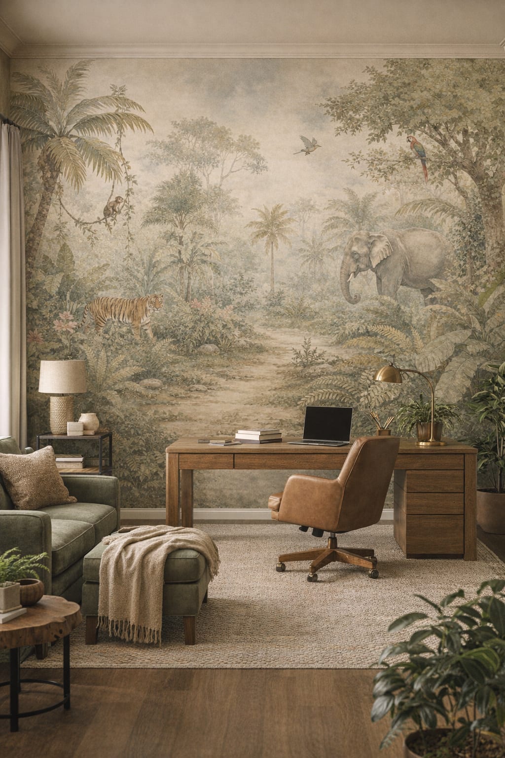 Biophilic green jungle animals featuring tropical birds - Wall Mural Peel and Stick Wallpaper for Biophilic Design Executive Home Office.