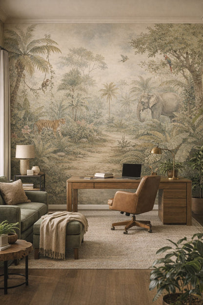 Biophilic green jungle animals featuring tropical birds - Wall Mural Peel and Stick Wallpaper for Biophilic Design Executive Home Office.