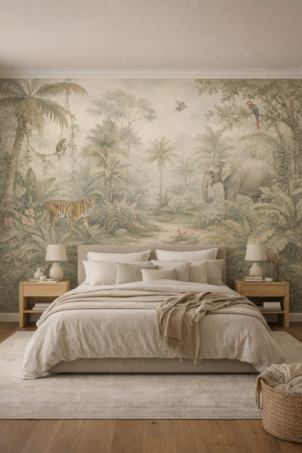 Organic Modern cream-sand jungle animals featuring tropical birds - Wall Mural Peel and Stick Wallpaper for Organic Modern Master Bedroom.