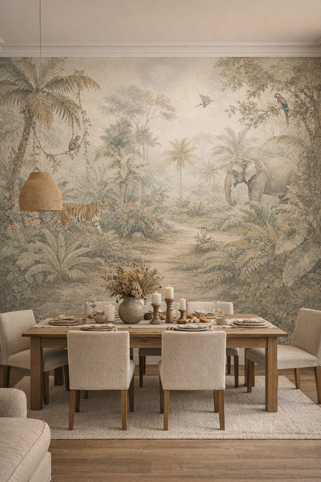 Wabi-sabi muted earth-tone jungle animals featuring tropical birds - Wall Mural Peel and Stick Wallpaper for Wabi-sabi Formal Dining Room.