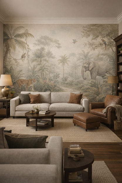 Modern Safari olive jungle animals featuring tropical birds - Wall Mural Peel and Stick Wallpaper for Modern Safari Reading Room.