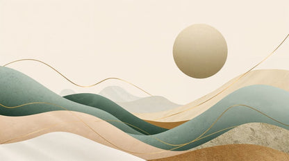 Serene minimalist Beige abstract landscape featuring a sun disc and gold linework - Wall Mural & Peel and Stick Wallpaper for Minimalist Interiors and Premium Home Styling.