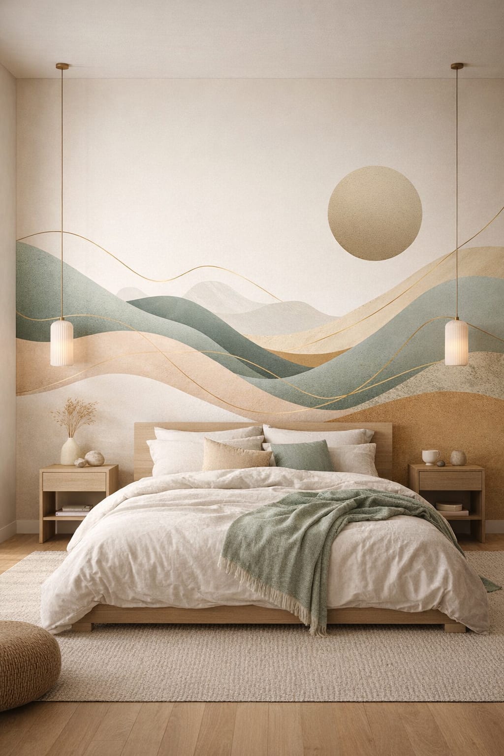 Japandi sand-toned abstract landscape featuring sun disc - Wall Mural Peel and Stick Wallpaper for Japandi Master Bedroom.