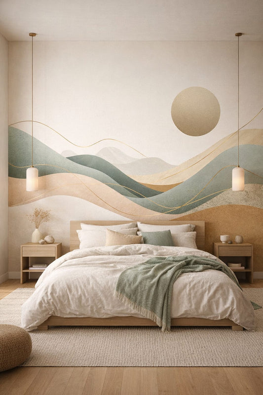 Japandi sand-toned abstract landscape featuring sun disc - Wall Mural Peel and Stick Wallpaper for Japandi Master Bedroom.