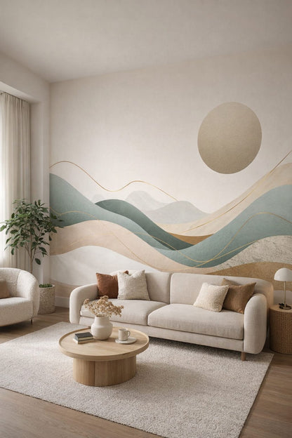 Organic Modern cream-sand abstract landscape featuring sun disc - Wall Mural Peel and Stick Wallpaper for Organic Modern Living Room.