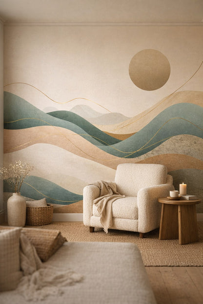 Wabi-sabi muted earth tones abstract landscape featuring sun disc - Wall Mural Peel and Stick Wallpaper for Wabi-sabi Reading Corner.