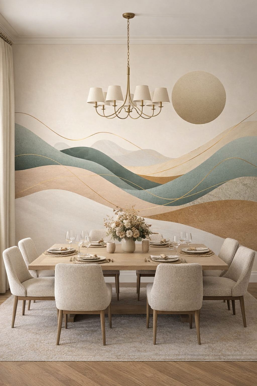 Quiet Luxury greige abstract landscape featuring sun disc - Wall Mural Peel and Stick Wallpaper for Quiet Luxury Formal Dining Room.