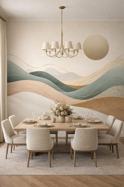 Quiet Luxury greige abstract landscape featuring sun disc - Wall Mural Peel and Stick Wallpaper for Quiet Luxury Formal Dining Room.