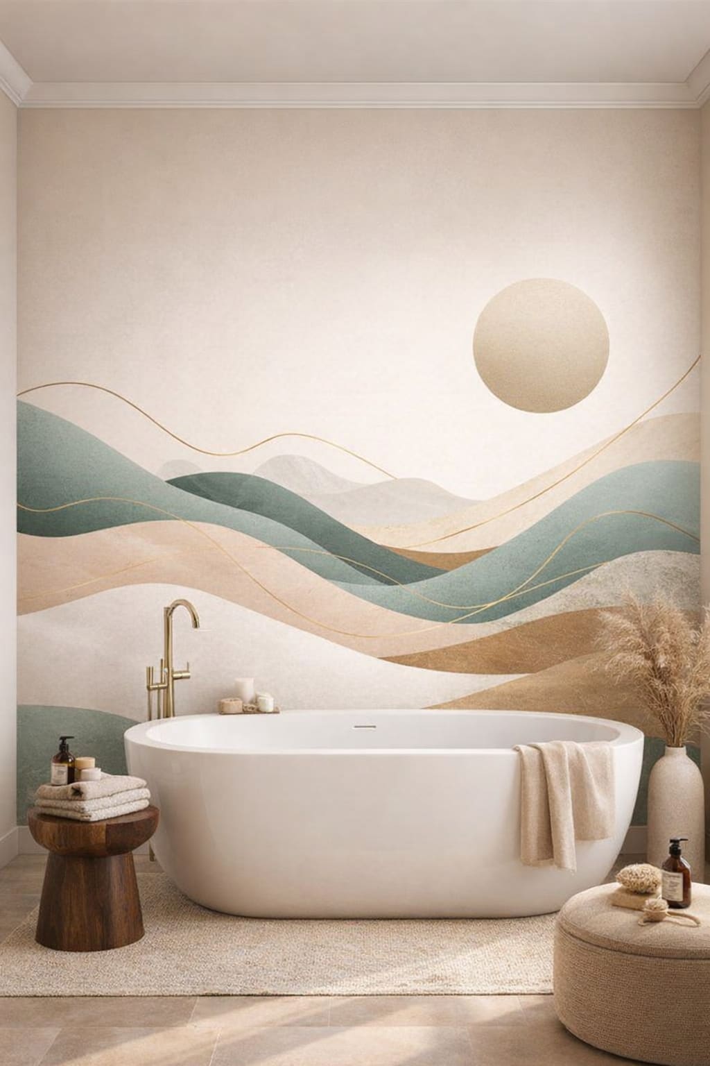 Luxury Contemporary neutral-stone abstract landscape featuring sun disc - Wall Mural Peel and Stick Wallpaper for Luxury Contemporary Luxury Bathroom.