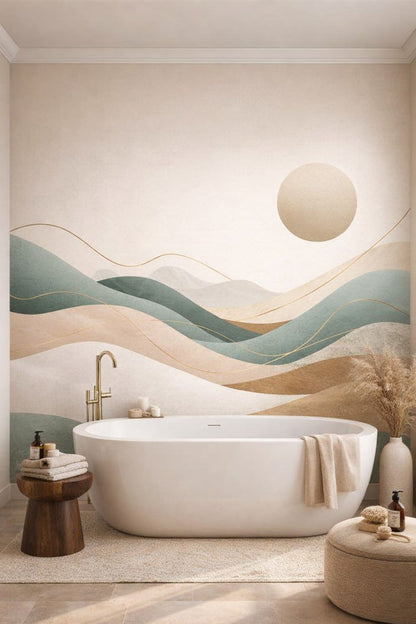 Luxury Contemporary neutral-stone abstract landscape featuring sun disc - Wall Mural Peel and Stick Wallpaper for Luxury Contemporary Luxury Bathroom.