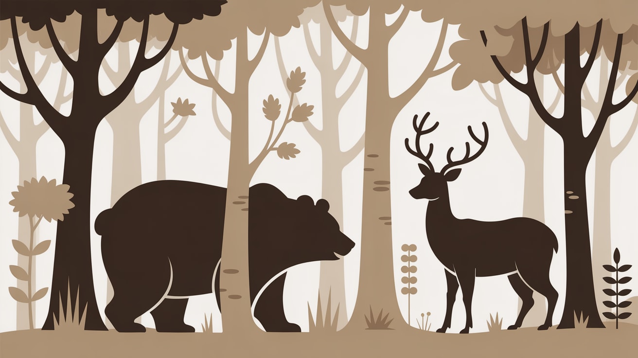 Cozy whimsical Beige woodland animals featuring forest trees, bear and deer - Wall Mural & Peel and Stick Wallpaper for Whimsical Nursery or Kids Room.