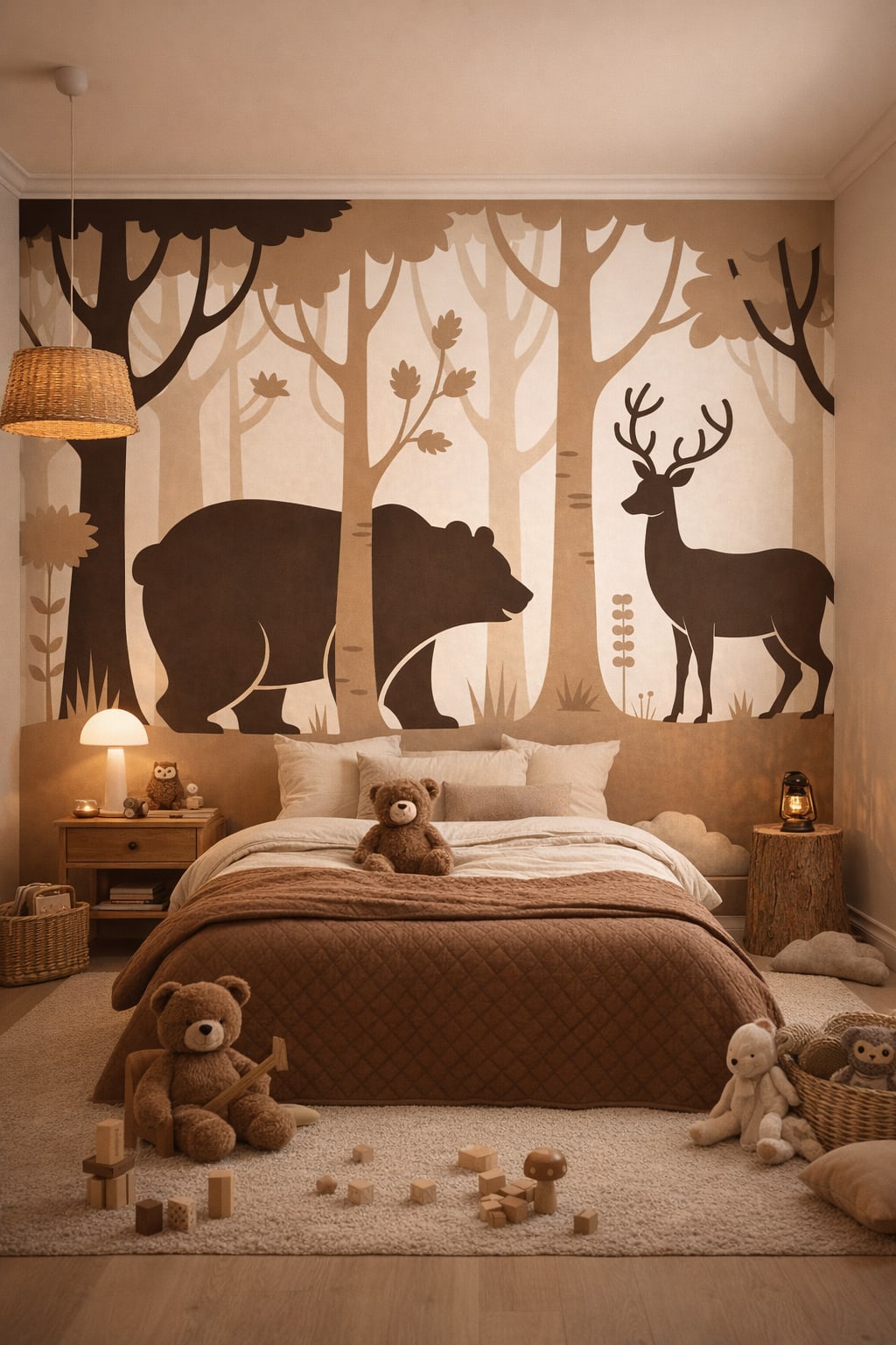 Woodland forest, moss green woodland animals featuring deer - Wall Mural Peel and Stick Wallpaper for Woodland / Forest Kids Bedroom.