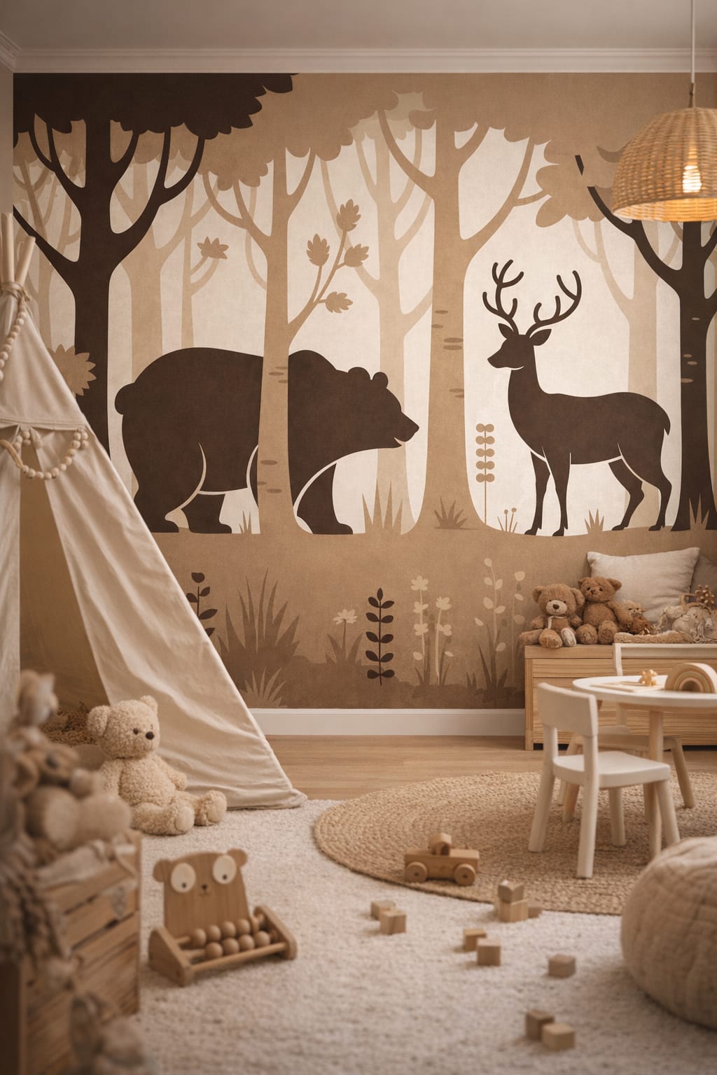 Scandi Kids neutral, birch-inspired woodland animals featuring deer - Wall Mural Peel and Stick Wallpaper for Scandi Kids Playroom.