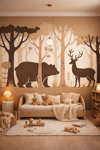 Modern Montessori neutral woodland animals featuring bear - Wall Mural Peel and Stick Wallpaper for Modern Montessori Reading Corner.